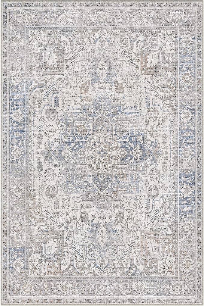 GENIMO 10x14 Area Rugs for Living Room, Machine Washable Non Slip Vintage Retro Rugs, Low Pile Lightweight Thin Print Rug for Bedroom, Dining Room, Home Office, Khaki Blue