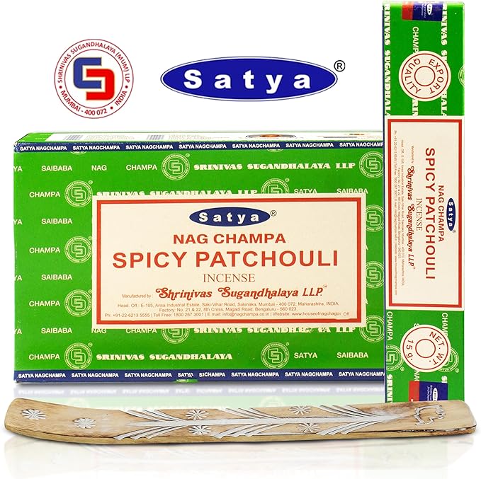 Satya Spicy Patchouli Incense Sticks 180 gm (15GM X 12 Pack) from Satya Sai Baba Nag Champa and Raajsee Incense Sticks Holder Bundle, Free from Chemicals,Natural Insenses