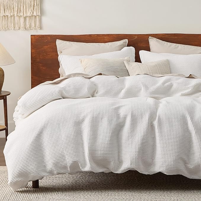 Bedsure Cotton Duvet Cover Queen - 100% Cotton Waffle Weave Milk White Duvet Cover Queen Size, GentleSoft™ and Breathable Bedding Set for All Season, 3 Pieces, 90"x90"