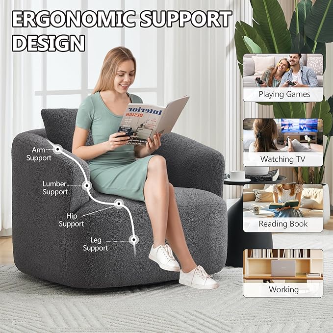 Swivel Accent Chair,360° Rotating Barrel Chair,Teddy Fleece High-Resilience Sponge Single Sofa, Easy Assembly for Living Room, Bedroom, Apartment Dark Grey