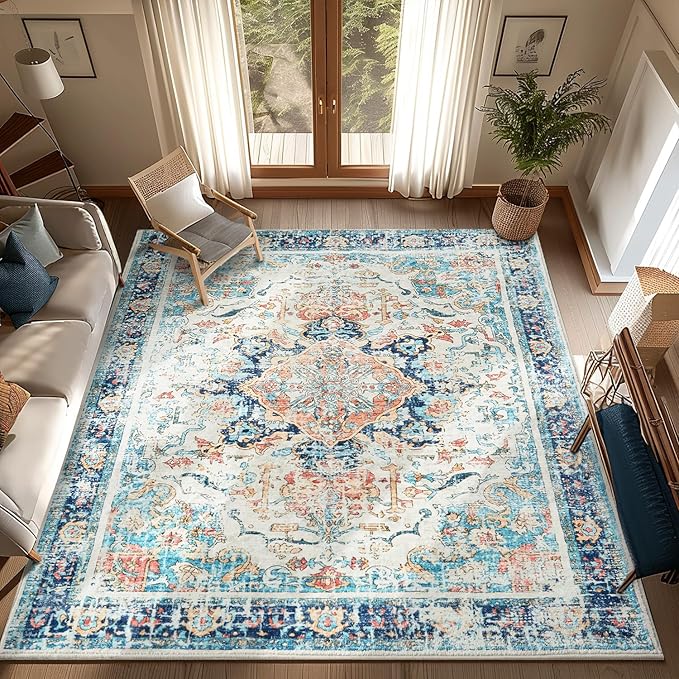 Topllen Washable Area Rug - Area Rug 6'x9' Boho Soft Living Room Rug, Non-Slip Large Area Rugs Indoor for Dining Room Livingroom Bedroom, Vintage Rug (Multi, 6x9ft)