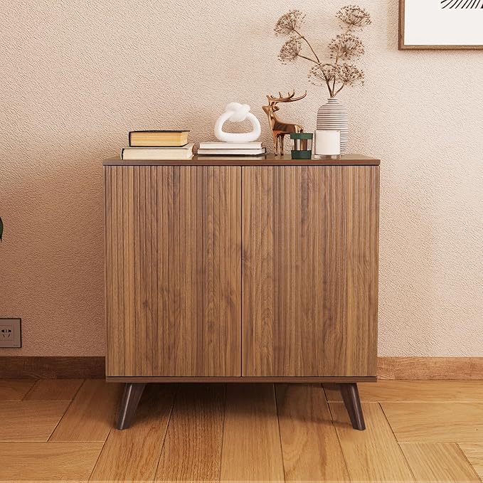 Modern Sideboard Buffet Cabinet Console Table, Accent Storage Cabinet Credenza Buffer Cabinets with Fluted Doors for Kitchen Dining Living Room Entryway(Walnut)