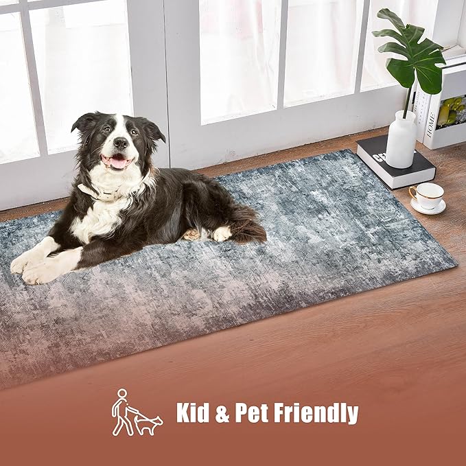 2'6'' x 8' Washable Area Rug - Low Pile Soft Vintage Indoor Rug for Living, Dining or Bedroom - Lightweight Carpet with Non-Slip Backing - Foldable for Easy Placement, Blue