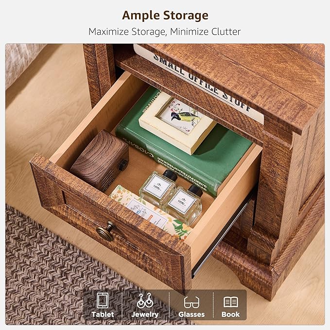 Farmhouse Nightstand with Charging Station, 18" End Table with 2 Drawers Storage and 1 Storage Shelf, Wooden Sofa Table w/Roman Column, , Bedside Cabinet for Bedroom, Living Room, Reclaimed Barnwood