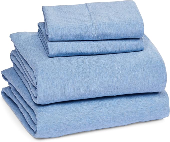Amazon Basics 4 Piece Bed Sheets Set, 100% Cotton Jersey, Includes Super Soft, Flat and Fitted Sheets, Pillowcase, King, Sky Blue, Solid