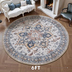 6 ft Round Rugs for Living Room Bedroom Rug Circle Area Rug for Dining Room Table Throw Vintage Circular Rugs Washable Soft Comfortable Blue Rust