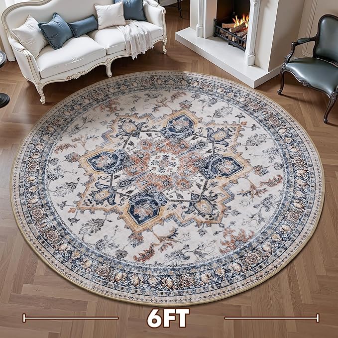 6 ft Round Rugs for Living Room Bedroom Rug Circle Area Rug for Dining Room Table Throw Vintage Circular Rugs Washable Soft Comfortable Blue Rust