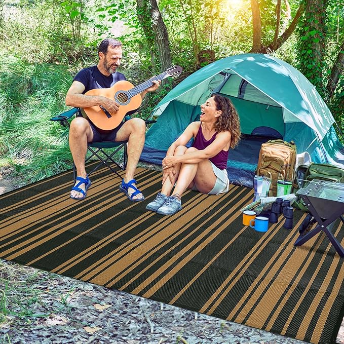 Outdoor Plastic Straw Rug 9x18 Waterproof Outside Rug, Large Modern Striped Reversible Floor Mats, Foldable & Lightweight Camping Carpet for Patio, Porch, Deck, Backyard, Balcony, Black Brown