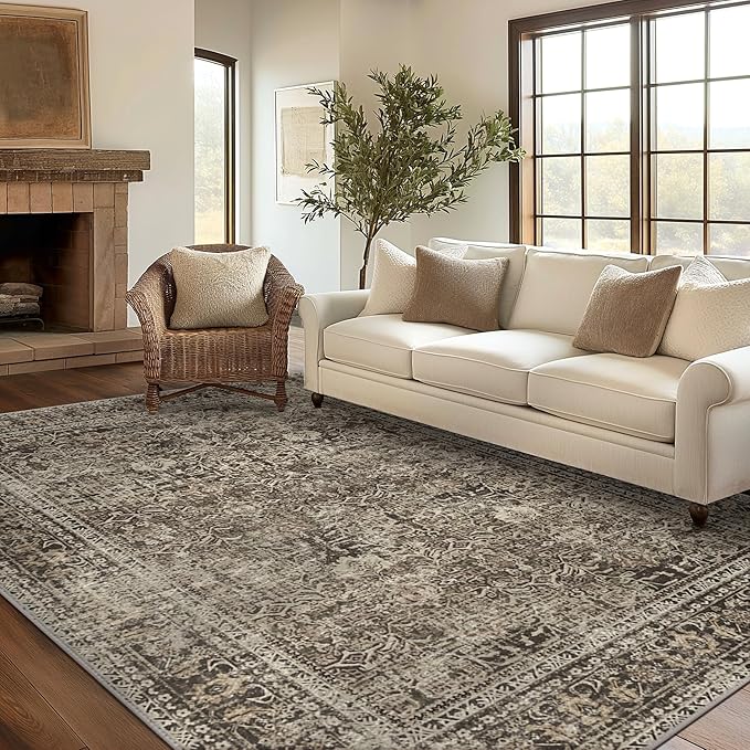 Area Rugs 8x10 for Living Room Bedroom, Vintage Machine Washable Stain Resistant Rug, Large Soft Low Pile Sage Charcoal Foor Mat with Non Slip Backing for Dining Room