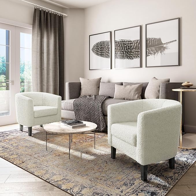 BELLEZE Accent Barrel Chair, Linen Round Chair Club Tub Sofa Corner Chair with Flared Legs and Cozy Soft Padding for Living Room Bedroom Waiting Room - Teddy White