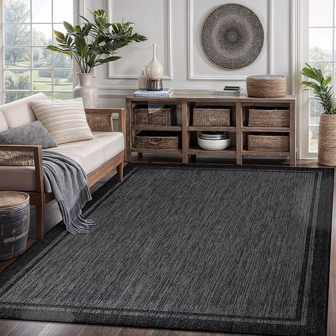 CAMILSON Indoor Outdoor Rug, 5x7 Bordered Dark Grey Black Modern Area Rugs for Indoor and Outdoor Patios, Kitchen and Hallway Mats, Washable Porch Deck Outside Carpet (Bordered Black, 5 x 7)