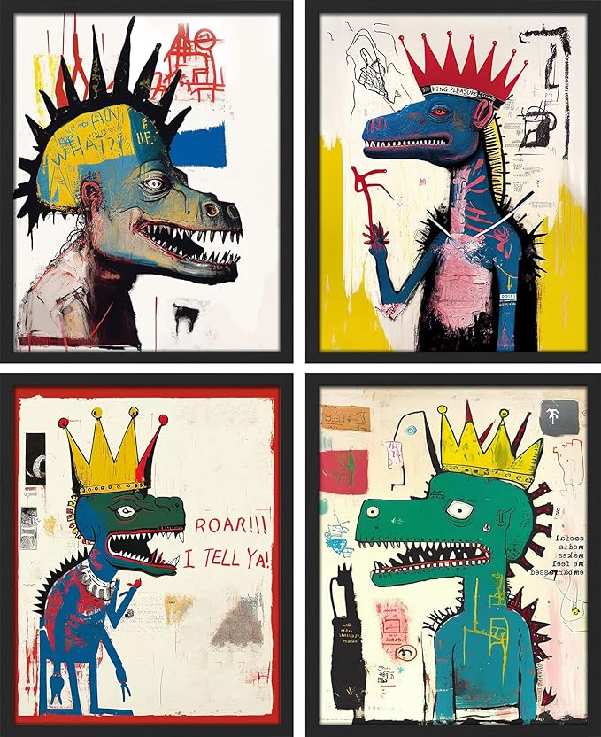 SIGNWIN Framed Vintage Retro Antique Basquiat Dinosaur Print Wall Art, Set of 4 Illustration Wall Decor Prints, Multicolor Contemporary Wall Décor for Living Room, Bedroom - 11"x14" Black
