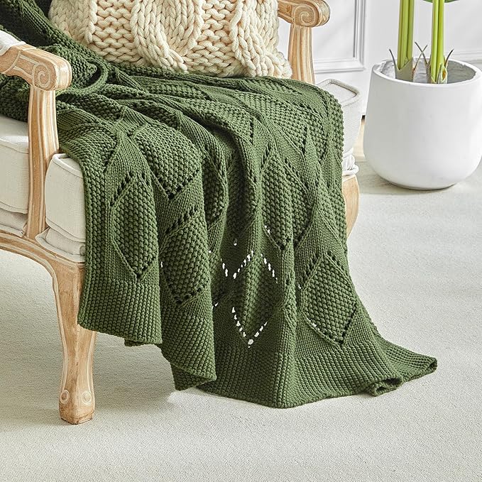 Longhui bedding Chunky Cotton Knit Throw Blanket for Couch, Sofa, Bed, or Chair, Decorative Breathable Fall Cable Knit Blanket 51 x 63 Inches, Olive Green
