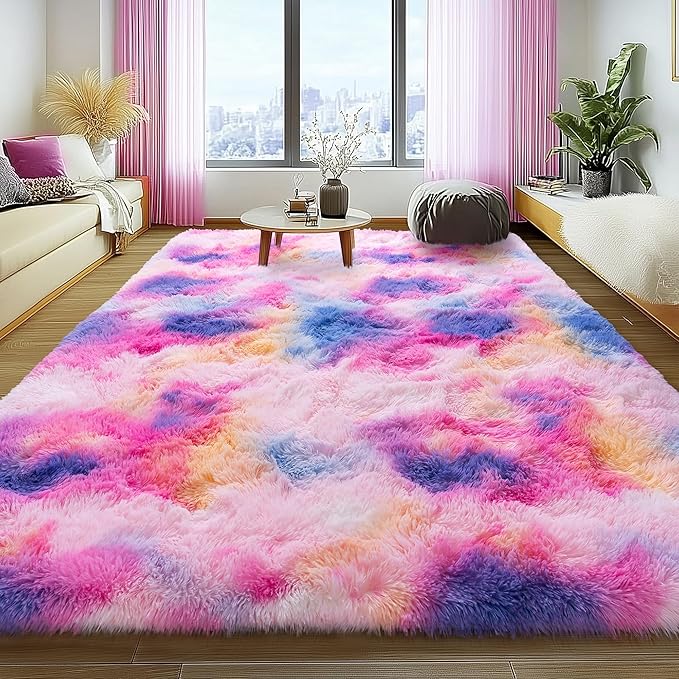 Large 8x10 Area Rugs for Living Room, Dark Rainbow Soft Shag Rug for Bedroom, Non-Slip Ultra Fluffy Rug, Modern Plush Carpet for Girls Boys Kids Room Dorm, Fuzzy Rug for Home Decor Aesthetic