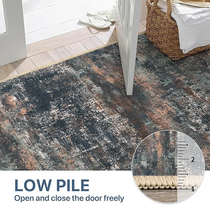 Area Rugs 8x10 for Living Room Bedroom, Modern Abstract Machine Washable Rug, Large Soft Low Pile Floor Cover with Non Slip Backing for Dining Room, Dark Blue Rust