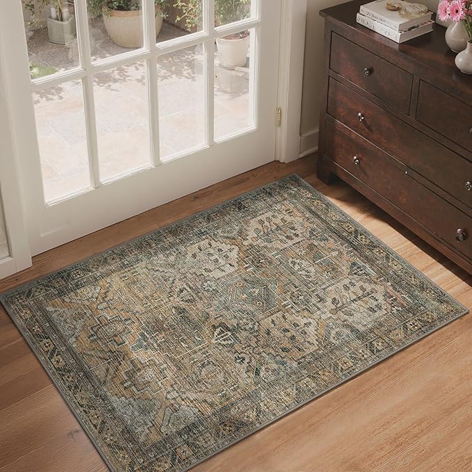 GENIMO 2x3 Area Rugs for Living Room, Machine Washable Non Slip Vintage Rugs, Low Pile Lightweight Chenille Print Rug for Bedroom, Dining Room, Home Office, Warm Taupe
