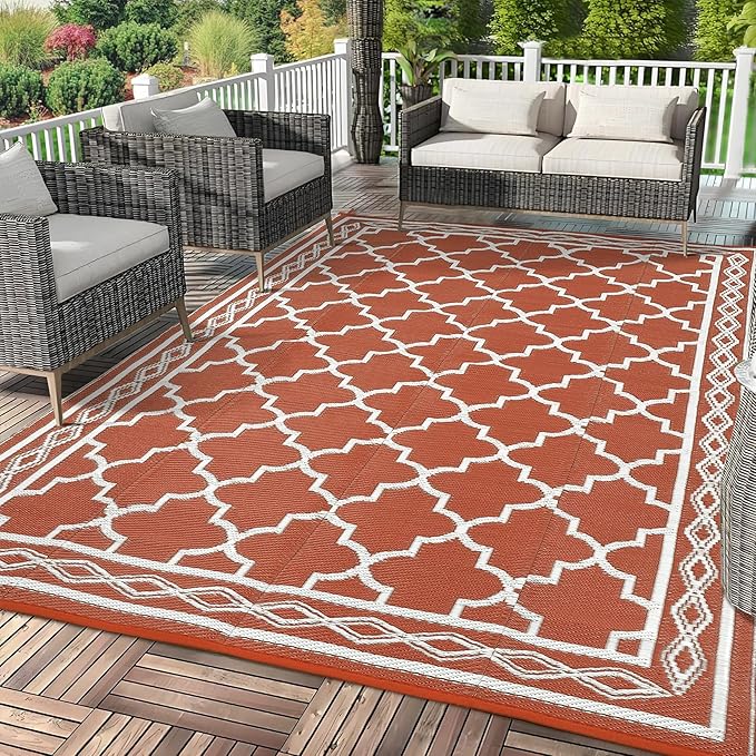 GAOMON Outdoor Rug Waterproof 8'x10', Reversible Outdoor Plastic Straw Rug, Boho Patio Rug, Indoor Outdoor Carpet, RV Mat Outside for Patio, Camp, Picnic, Balcony, Deck, Orange/White(Geometric)