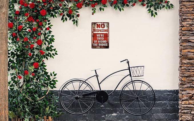 Vintage Tin Sign Retro Metal Funny No Trespassing Signs for Home Decor Stylish Wall Art Plaques Gift for Bathroom Kitchen and Gothic Wall Decor in Every Room 12x8 in