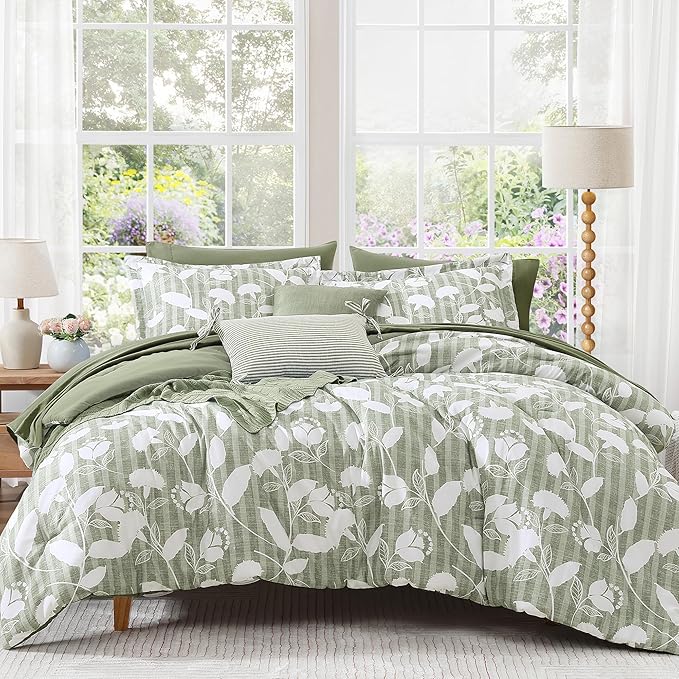 Full Comforter Set -7 Pieces Sage Green Floral Comforter Set for All Seasons, Bed in a Bag Full with Botanical Flowers Comforter, Sheets, Pillowcases & Shams