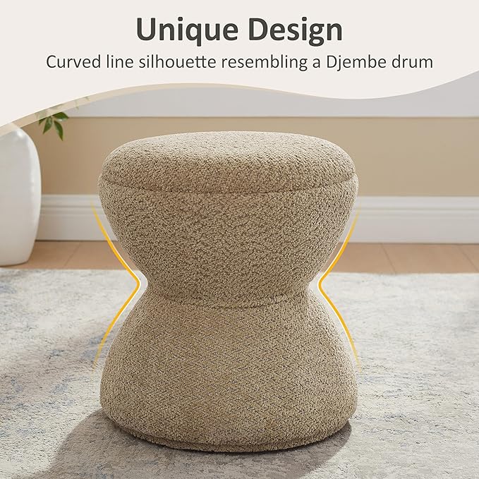 VANOMi Multi-Functional Boucle Ottoman, Vanity Stool Chair, Sturdy Rotating Wooden Footstool, Suitable for Living Room, Bedroom, and Entryway, Without Installation, Swivel, Camel