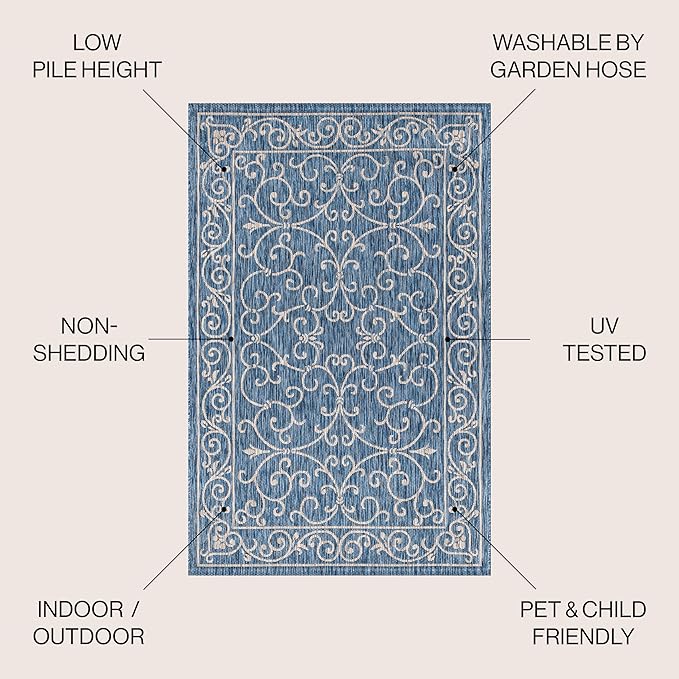 JONATHAN Y Vintage Filigree Indoor Outdoor Square Area Rug 4X4 Navy/Gray, Charleston Textured Weave for Backyard, Patio, Porch, Easy-Cleaning, High Traffic, Pet-Friendly, Non-Shedding (SMB106D-4SQ)