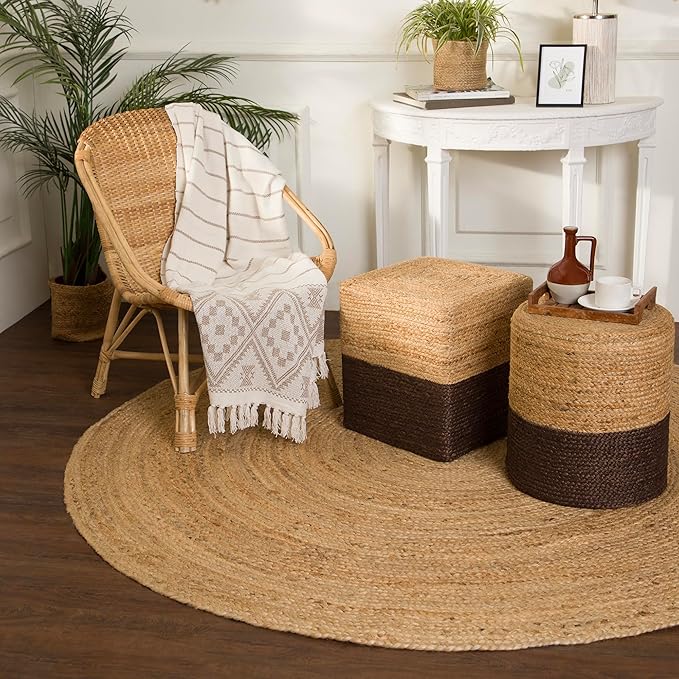 REDEARTH · Cylindrical Pouf Foot Stool Ottoman - Jute Braided Pouffe Poof Accent Sitting Footrest for The Living Room, Bedroom, Nursery, Patio, Lounge & Other Rooms (14.5”x14.5”x16”; Natural Acorn)