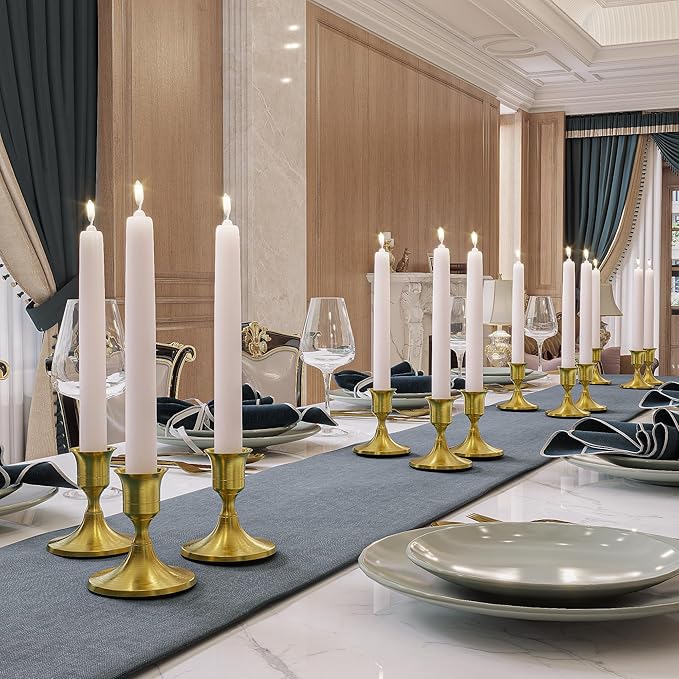 12PCS Brass Gold Taper Candle Holders Set, Vintage Metal Candlestick Holders for Dinner Room Table Centerpiece or Mantel Wedding Party Decor