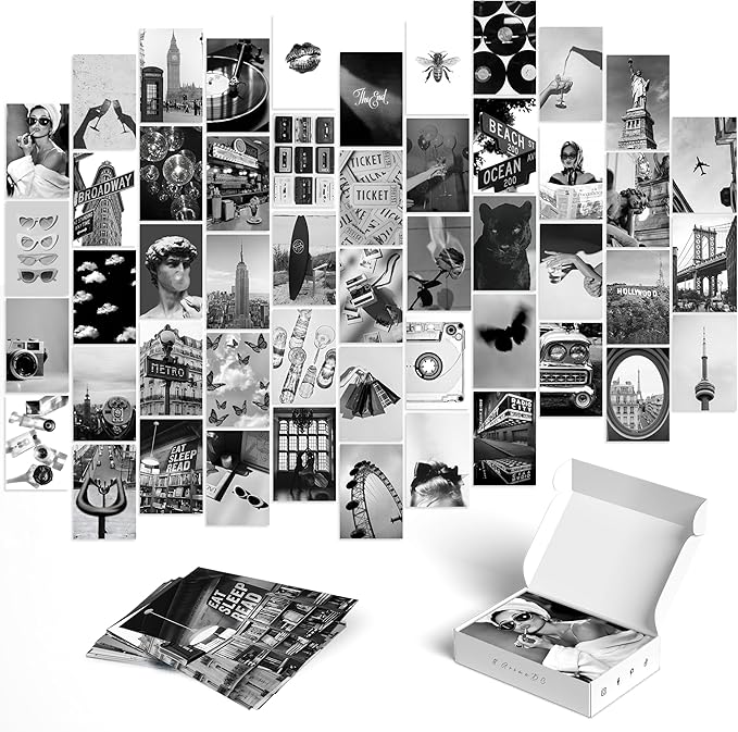 Y2K BOO Black and White Wall Collage Kit - 50 Trendy Monochrome Aesthetic Photos for Sophisticated and Modern Spaces, Perfect Room Decor for Teens, 4"x6" Vintage Wall Art for College Dorms