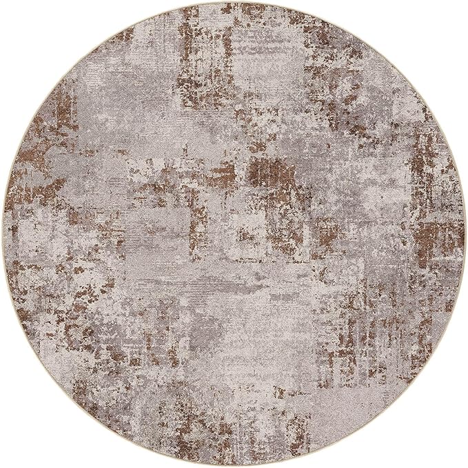 Tortania Washable 7' Round Area Rug for Living Room: Modern Abstract Neutral Large So' Thin Rugs - Non Slip Indoor Carpet for Bedroom Dining Room Office Nursery Home Floor Decoration - Brown