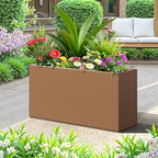 FENCY Metal Rectangular Planter Box, Large Planters for Outdoor Plants, Tall Planters for Outdoor Plants with Drainage Holes (32" L x 10" W x 16.3" H,Brown)