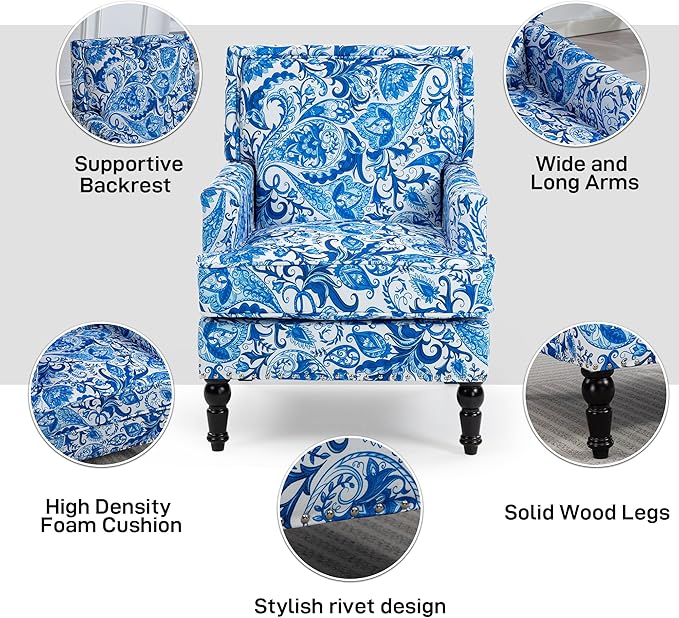 Accent Chair, Modern Comfy Mid-Century Anthropologie Accent Chairs, Linen Upholstered Wingback Lounge Arm Chair with Solid Wood,Single Floral Pattern Chair for Living Room/Balcony/Bedroom