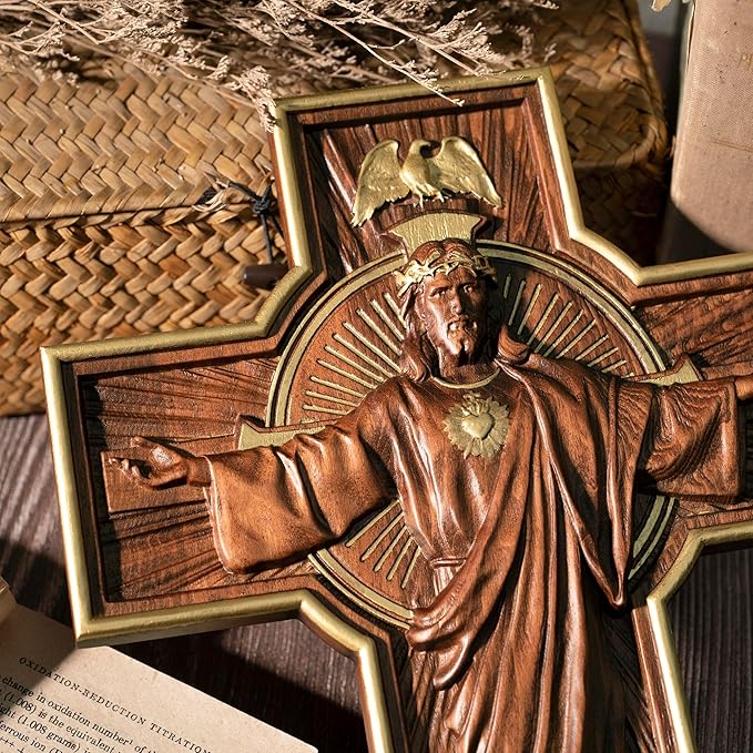 BGCOPPER Wooden Crucifix Wall Cross Catholic Handmade Orthodox Jesus Cross for Wall Decor Easter Christmas Gift