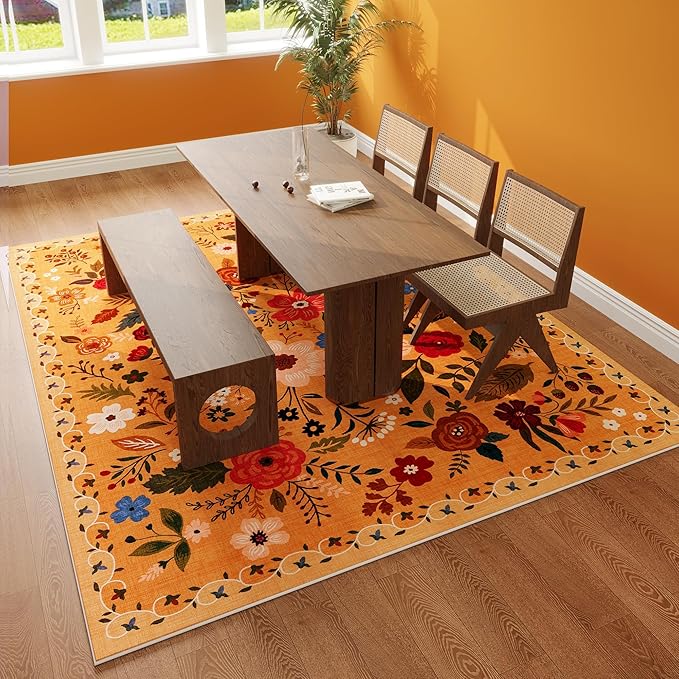 Living Room Rug 6x9 Rug Machine Washable Boho Area Rug Non Slip Floral Vintage Low Pile Large Rug for Living Room, Bedroom, Farmhouse, Dining Room, Kids Playroom(Yellow)