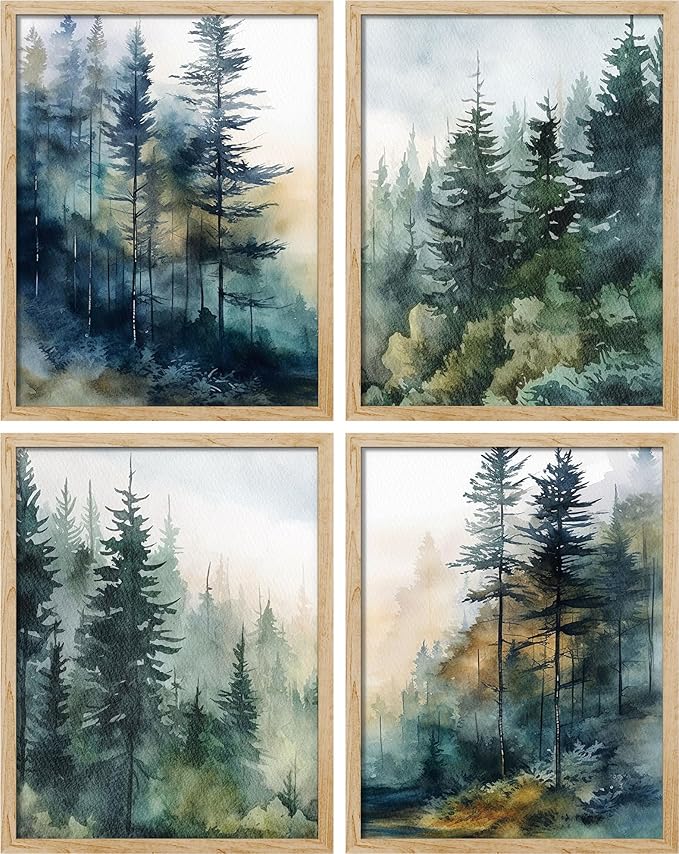 SIGNWIN Adhesive Canvas Poster Green & Teal Watercolor Forest Pine Trees Nature Wilderness Photography Realism Decorative Rustic Cozy Zen for Living Room, Bedroom, Office - 12"x16"x 4