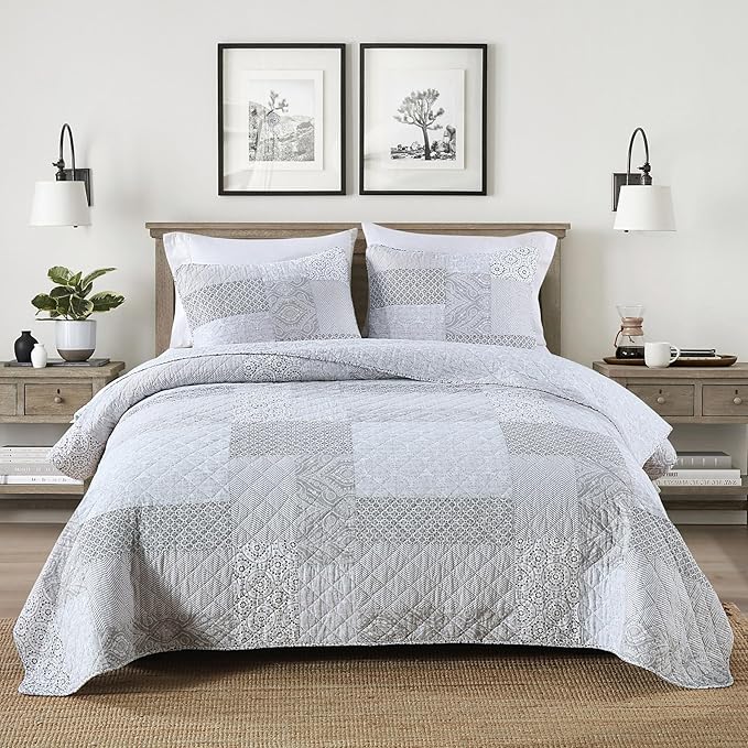 Secgo Queen Comforter Set for Bed - 100% Cotton Quilts Queen Size, Black Bedspreads (90 * 98 Inch) with 2 Pillow Shams, Patchwork Reversible Lightweight Bedding