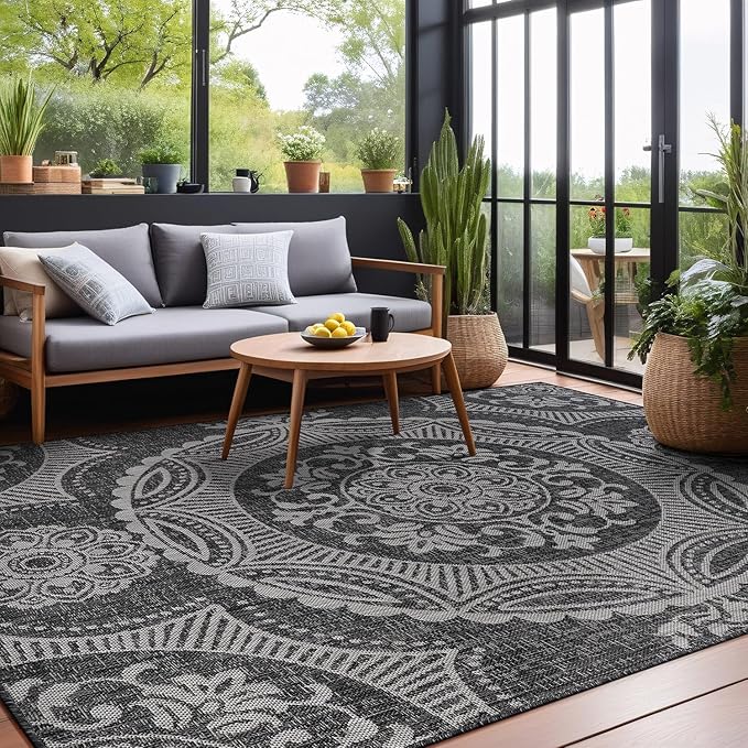 Medallion Outdoor Rug 5x7 Washable Outside Carpet for Indoor Patio Porch Waterproof Easy Cleaning Non Shedding Area Rugs Dark Gray 5 x 7