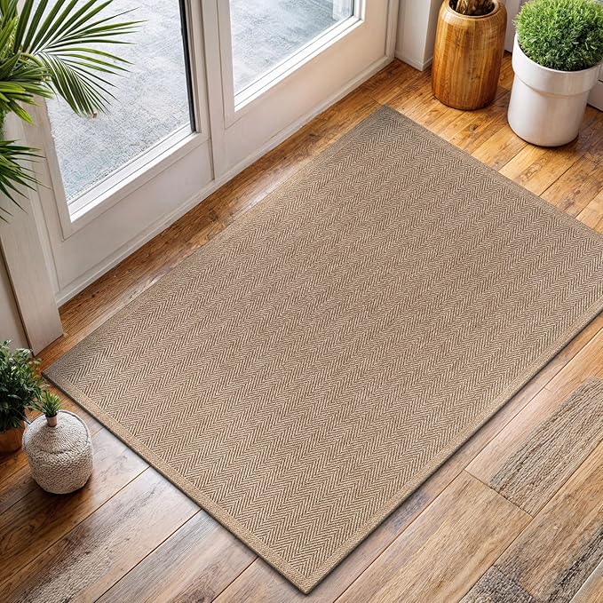 CAMILSON Easy Jute Rug 2x3, Indoor Outdoor Natural Color Fiber Area Rugs for Bathroom and Kitchen Rug, Herringbone Seagrass Boho Woven Design, Easy-Cleaning, Washable Outside Carpet Alfombras (2 x 3)