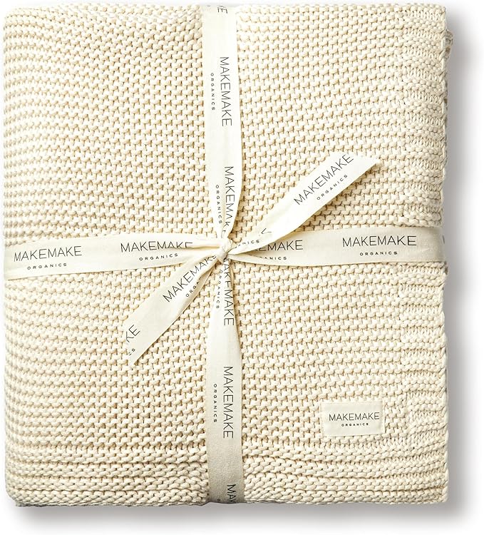 MakeMake Organics Organic Throw Blanket GOTS Certified Organic Cotton Blanket Chunky Knit Super Soft Cozy Fall Winter Large Adults Throw Blanket (50x60, Vanilla)