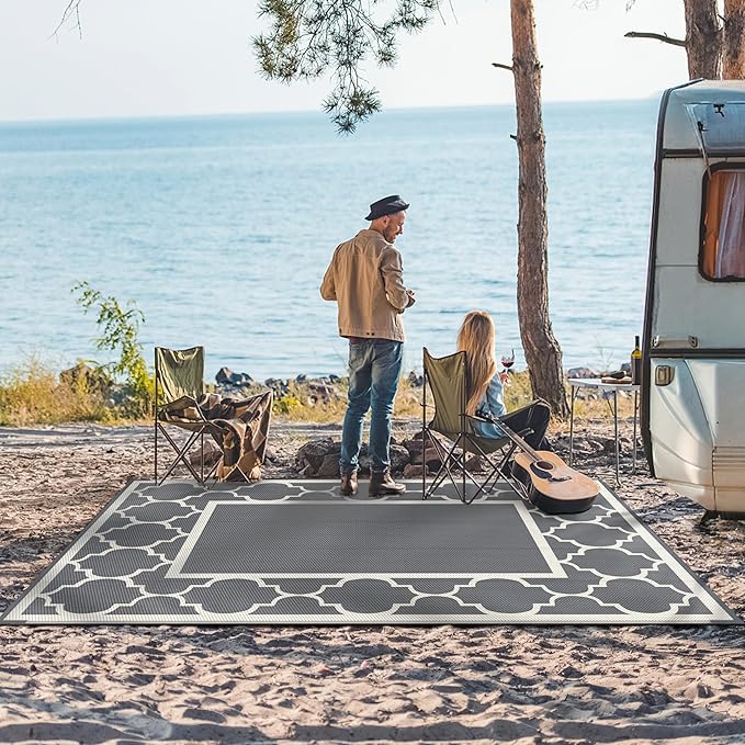 GENIMO 6' x 9' Outdoor Rug Waterproof for Patio Decor, Foldable Reversible Plastic Straw Area Rugs Mat for Camper, Outside Carpet for Rv, Deck, Porch, Picnic, Beach, Balcony, Grey & Beige White