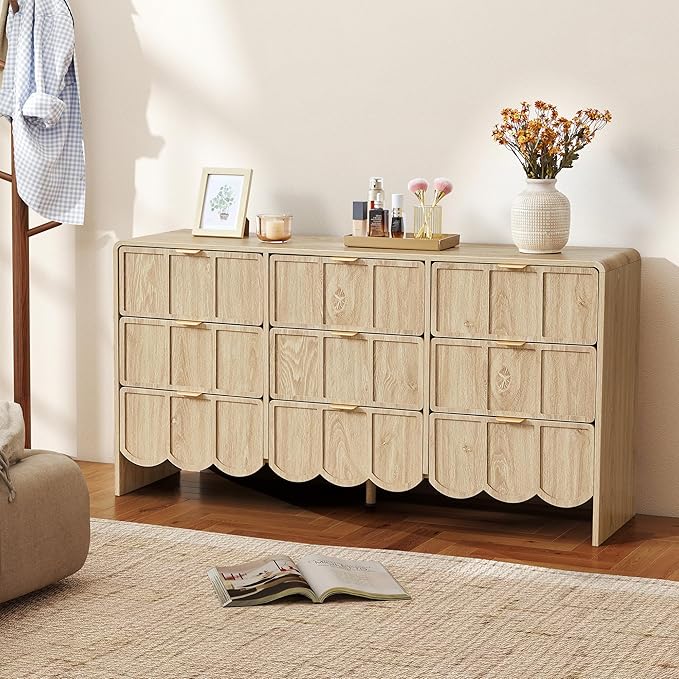 9 Drawer Dresser for Bedroom, Modern Closet Chest of Drawers with Wave Fluted Drawer, Wood Storage Small Dresser Organizer for Nursery Bedroom Living Room Hallway Closet (Natural)