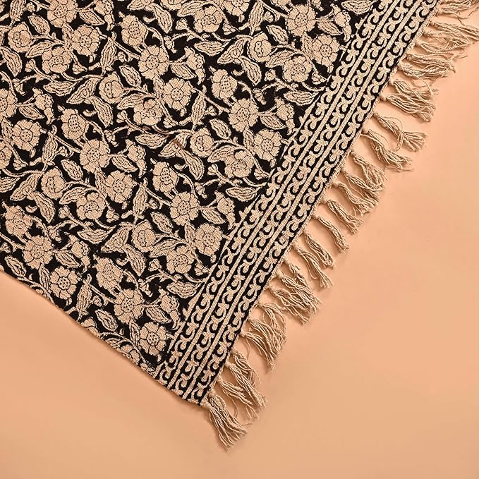 Handmade Cotton Throw Blanket 55x80 Inches | Black & Beige Floral Block Print Decorative Sofa Throw with Tassels | Large Lightweight Cotton Bedspread for Living Room, Couch, or Bedroom
