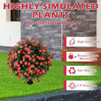 Sunnyglade Set of 2 Artificial Boxwood Topiary Ball Trees with Red Flower, Faux Shrub Bushes with Ground Spike 25.5", UV Resistant Fake Boxwood Plants for Indoor, Garden, Porch, Patio Decor (Red)