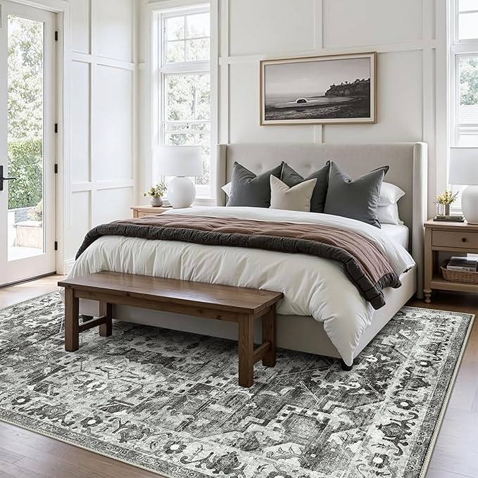 GENIMO Machine Washable 8x10 Area Rugs for Living Room, Non Slip Vintage Rugs, Low Pile Lightweight Chenille Print Rug for Bedroom, Dining Room, Home Office, Deep Gray