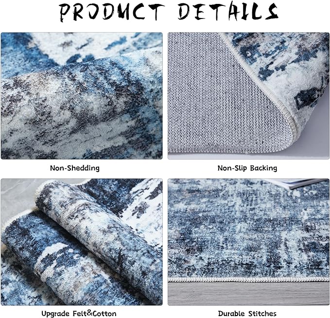 Rugcomf Area Rug 5x7 Washable Rug Boho Soft Abstract Pattern Non-Slip Non-Shedding Faux Wool Vintage for Living Room, Bedroom, Farmhouse, Dining Room, Indoor, Kids Playroom, Blue