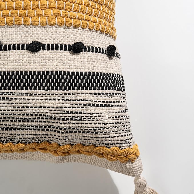 BlissBlush Fall Yellow Mustard Decorative Throw Pillow Cover 18x18 Square Boho Accent Pillowcase Tassels Farmhouse Cushion for Couch Sofa Bedroom Living Room Home Décor Cover ONLY