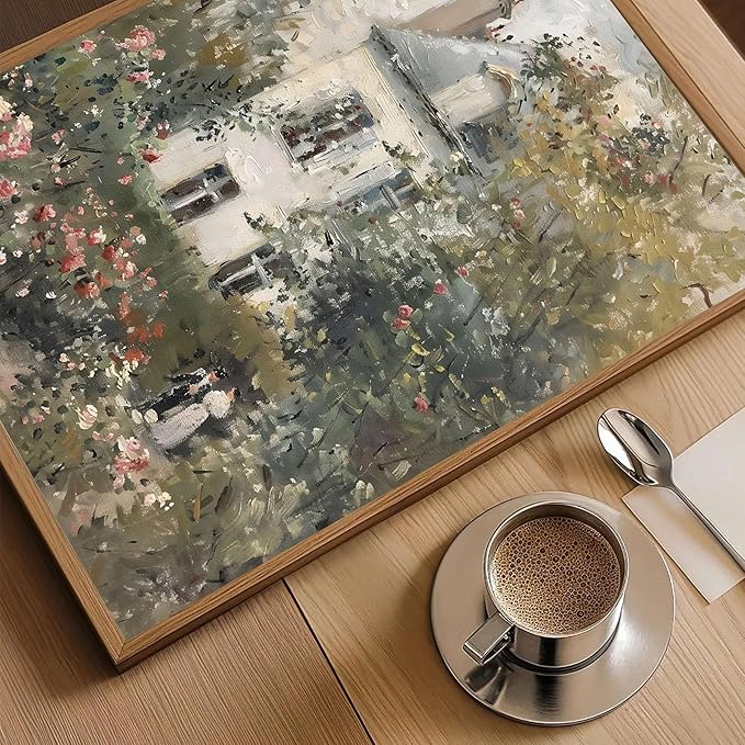 Floating Framed Canvas Vintage Wall Art, Neutral English Cottage Rose Garden Oil Paintings Print, Spring Pictures Wall Decor for Living Room Hallway Bedroom Office Rustic Decor 16x24 inch