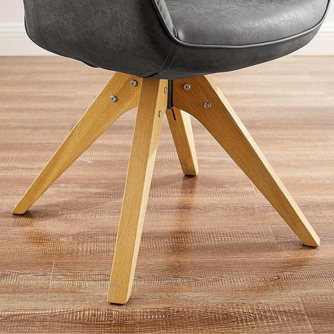 Art Leon Office Chair No Wheels, Mid Century Modern Desk Chair, Swivel Accent Chair with Oak Wood Legs, Faux Leather Upholstered Armchair for Desk, Black