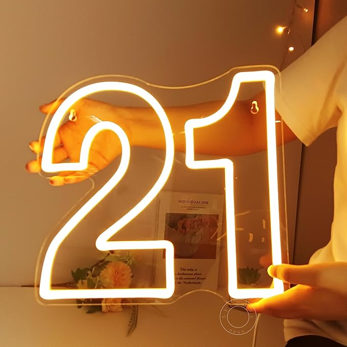 SYLHOME 21 Twenty one Led Neon Light Sign 21th Happy Birthday Party Anniversary Wall Decor Sign Number Table Sign Home Bar Pub Club Wedding Decor USB 12"X11"