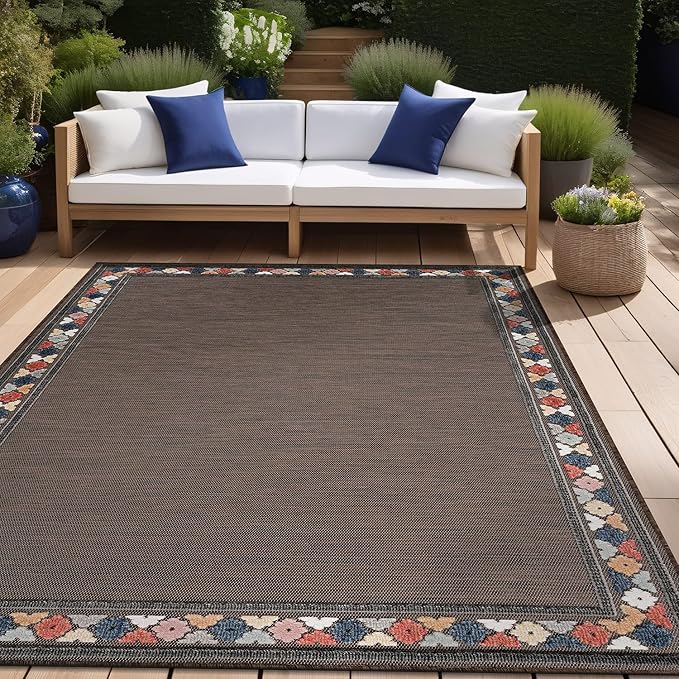 Beverly Rug Outdoor Rug 10x14 Modern Bordered Large Area Rugs for Indoor and Outdoor Patio Easy to Clean Non Shedding Living Room Porch Garden Washable Outside Carpet (10 x 14 Brown)