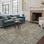 GENIMO 8x10 Area Rugs for Living Room, Machine Washable Non Slip Vintage Rugs, Low Pile Lightweight Chenille Print Rug for Bedroom, Dining Room, Home Office, Sage Teal